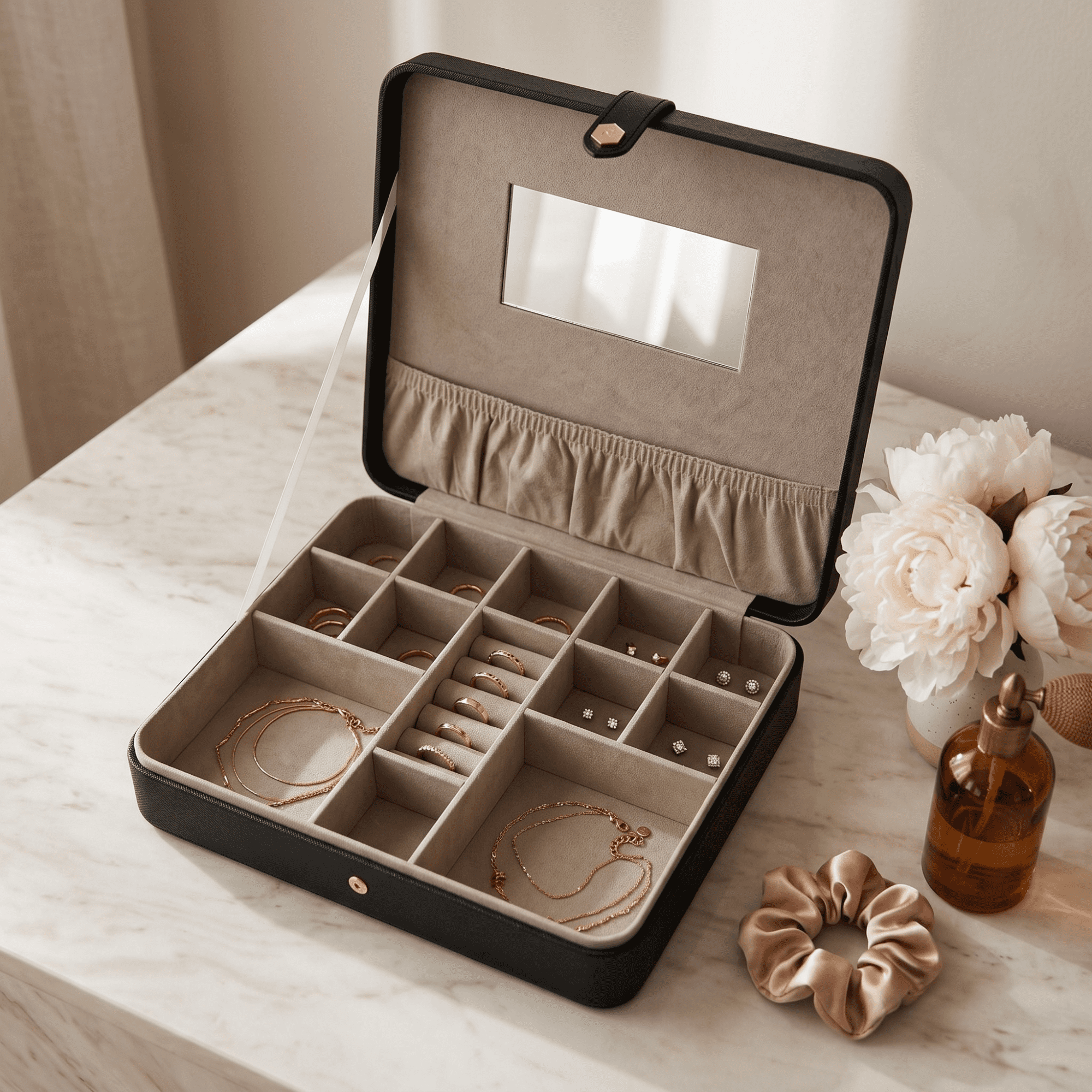 Hives and Honey Opal Large Women Jewelry Organizer Travel Case with Mirror in Black