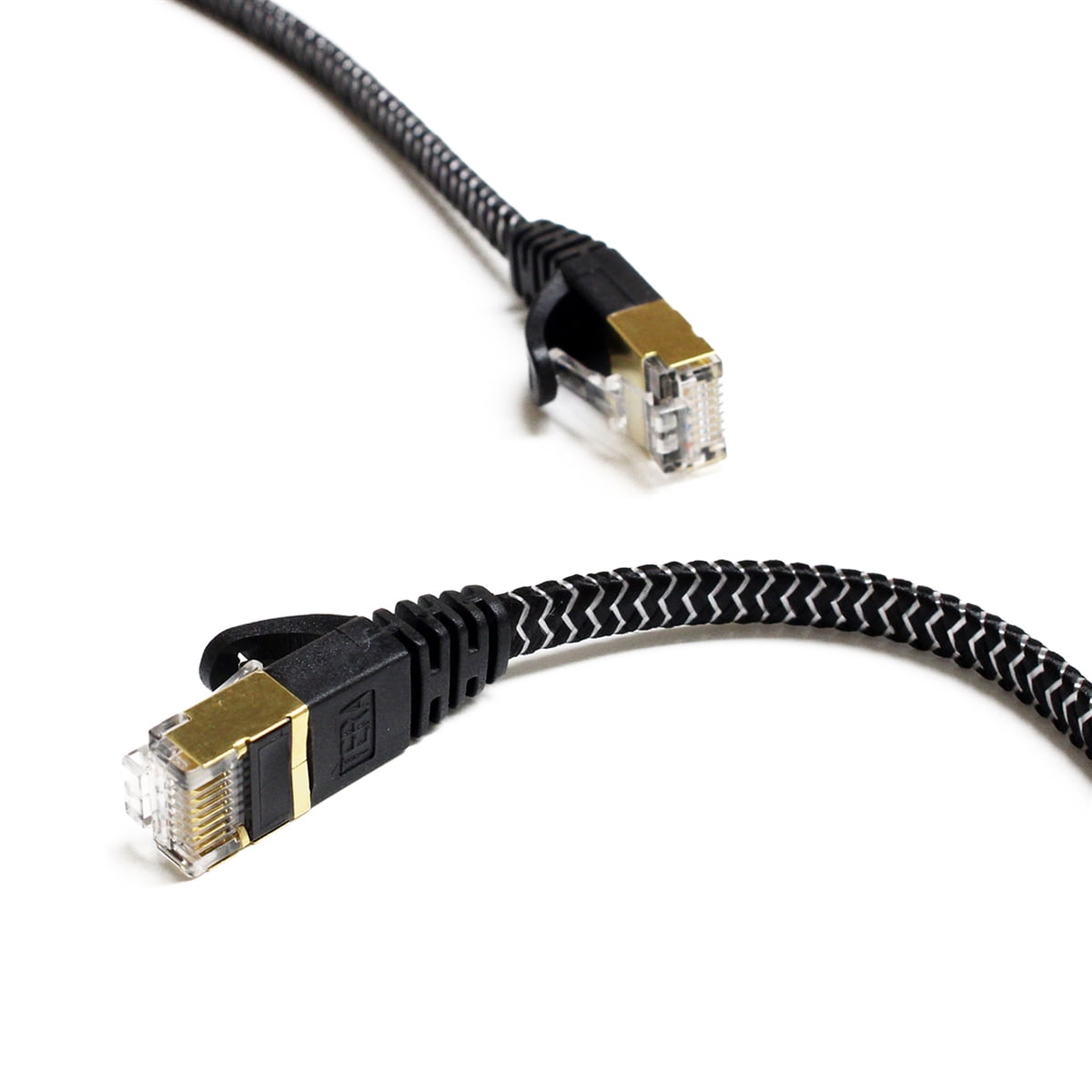 Tera Grand - CAT7 10 Gigabit Ethernet Ultra Flat Patch Cable Modem Router LAN Playstation Xbox - Built with Gold Plated, Shielded RJ45 Connectors Nylon Braided Jacket, 6 Ft Black and White
