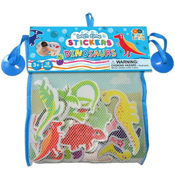 Buddy & Barney: Bath Time Stickers - Dinosaurs - 18 Foam Dino Character Pieces, Suction Cup Mesh Storage Bag, Prehistoric Play, Water Toy, Kids 3 