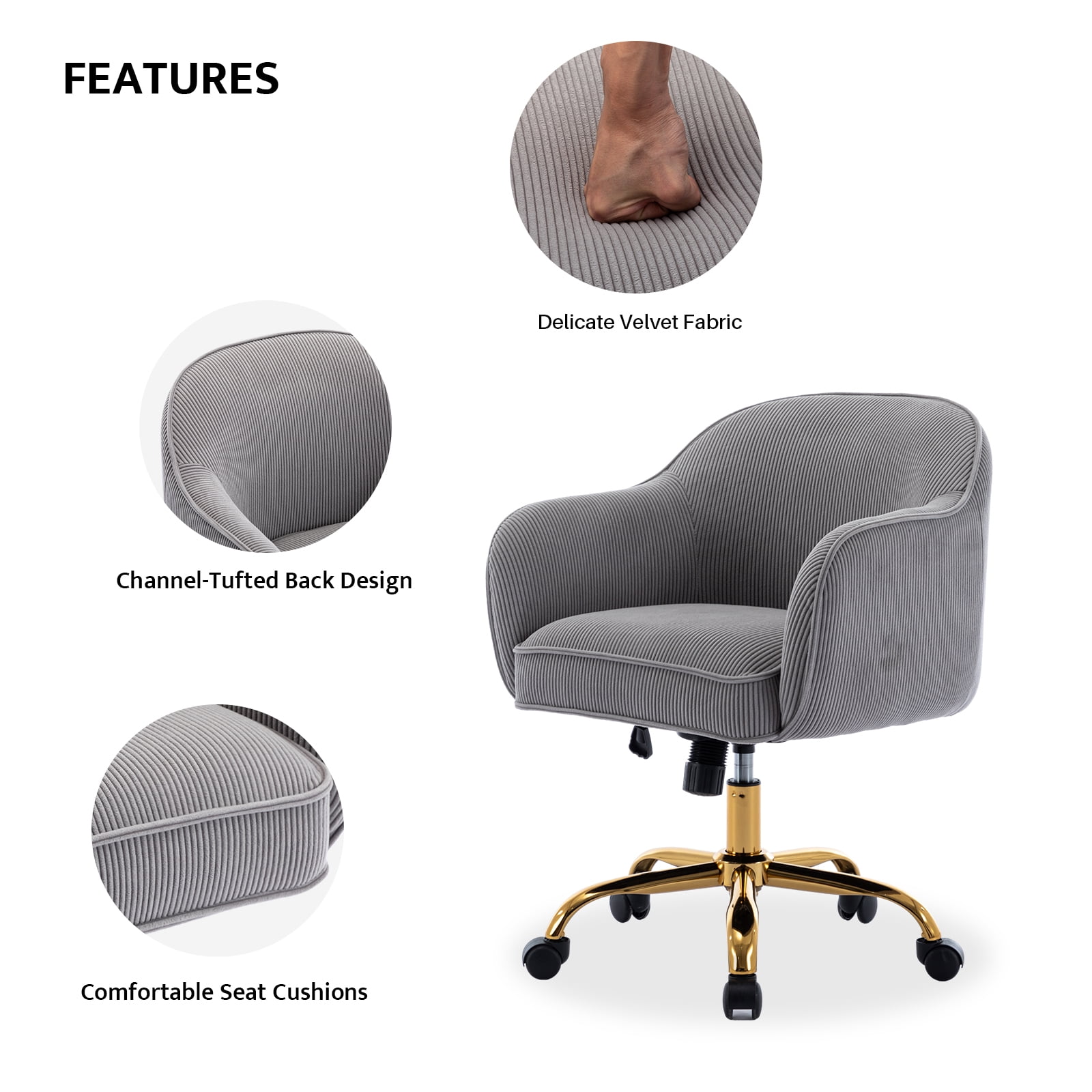 BRILHAMEZ Velvet Office Chair, Ergonomic Desk Chair with Adjustable Height, 360° Swivel, Padded Armrests for Home Office, Gray