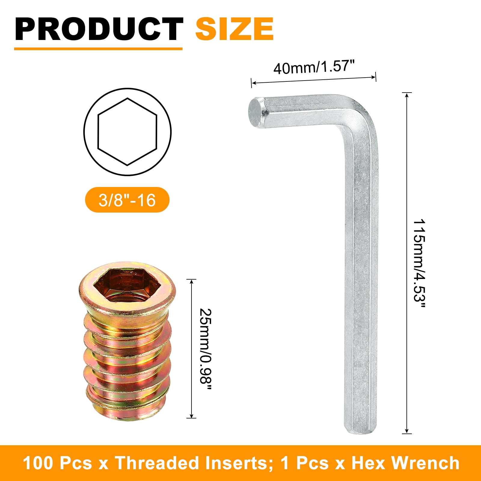 100 Pcs Threaded Insert for Wood, 3/8 - 16 Threaded Studs 25mm Length, Gold