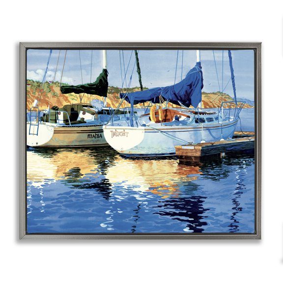 Stupell Industries Rustic Lodge Boats at Marina Dock Gray Floating Frame Canvas Art, 21 x 17, by Robin Altman