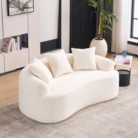 65" Chenille Mid-Century Modern Sofa, Mid-Century Modern Couch with 30D Foam, Loveseat Sofa Couch with No-Assembly for Small Spaces, White
