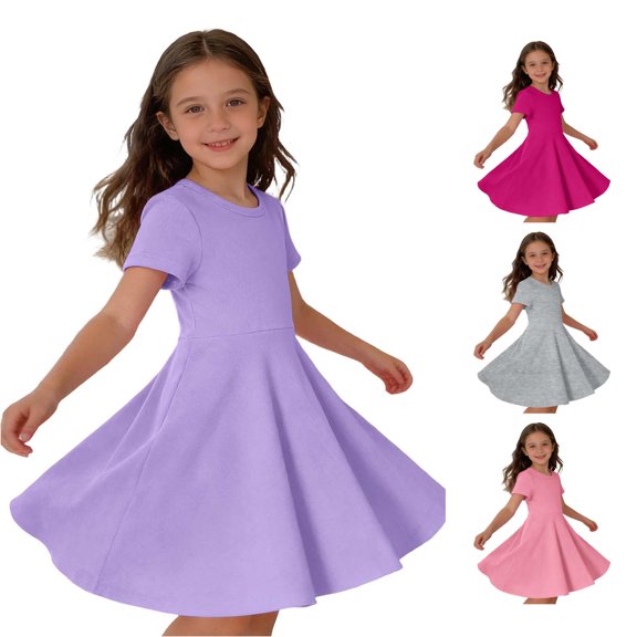 Rggeeun Child Girls Dress Solid Color Short Sleeve Crew Neck A Line Knee Length with Waist Draping Ruffle for Summer Evening Party Lovely Playwear,Purple,2-3 Years