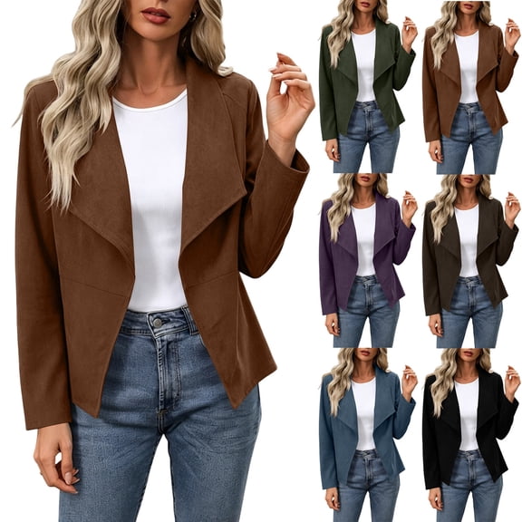 Women's Faux Suede Leather Jackets Lapel Long Sleeve Open Front Outwear Stylish Casual Fall Winter Cardigan (XL, Brown)