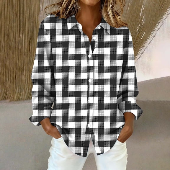 Plaid Shirts for Women Button Down Collared Casual Tops Rolled Up Boyfriend Top Business Dressy Top Cute Soft Plaid Blouse Work Tops Street Office Daily Outfit Plaid Tops for Women Black S-2XL