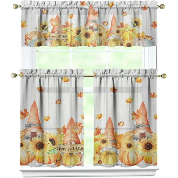 Fall Kitchen Curtains, Fall Decorations for Home, Thanksgiving Fall Kitchen Valances Rod Pocket Autumn Window Curtains Tier and Valance Set Fall Decor, 54" x 18" Valance, 27" x 36" Tier, 3 Panel Set