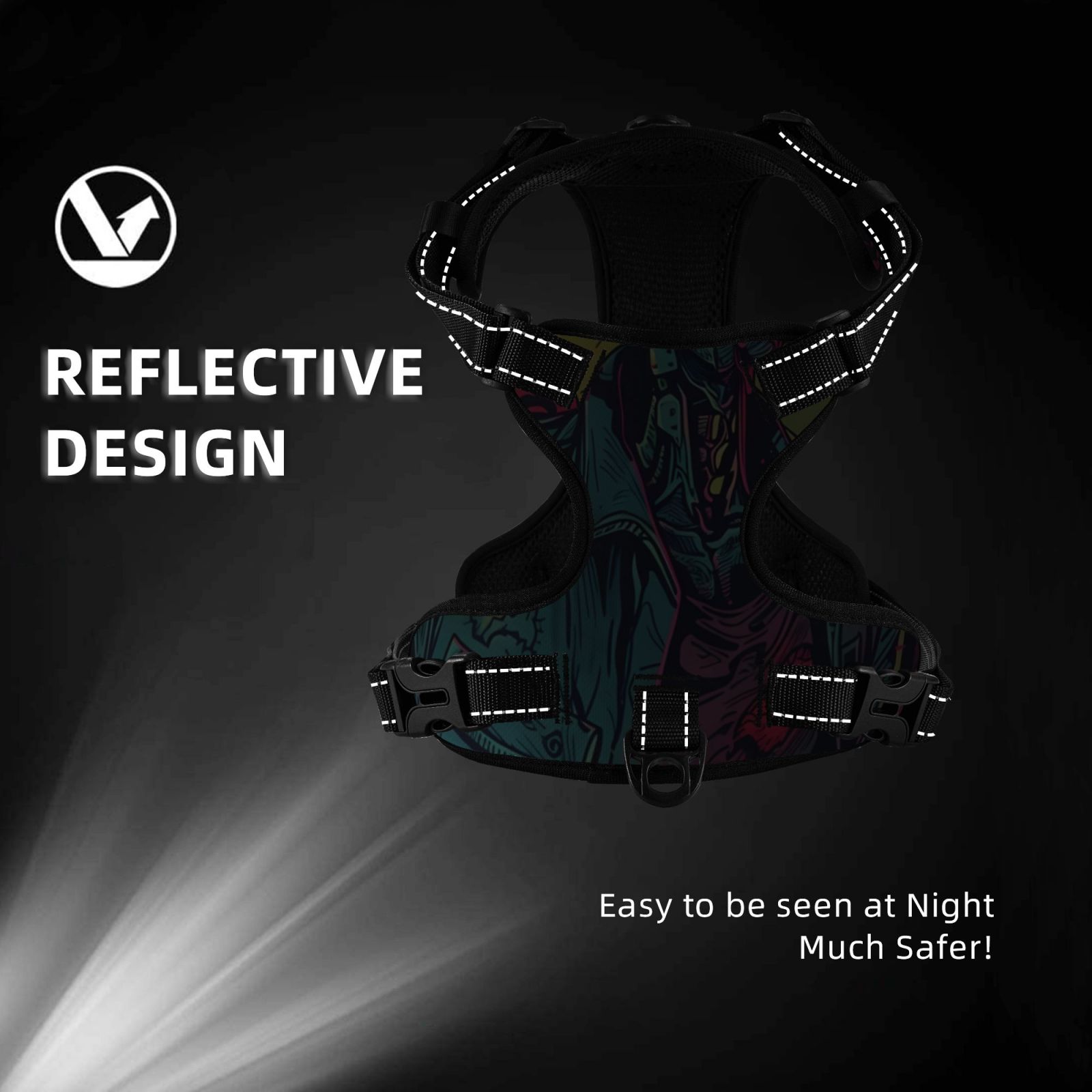 Fuzoiu Neon Zombie Skull Print Reflective Dog Harness,Adjustable, Breathable Pet Vest,Dog Harness No Pull,No Choke Pet Vest for Small, Medium, and Large Dogs-Small