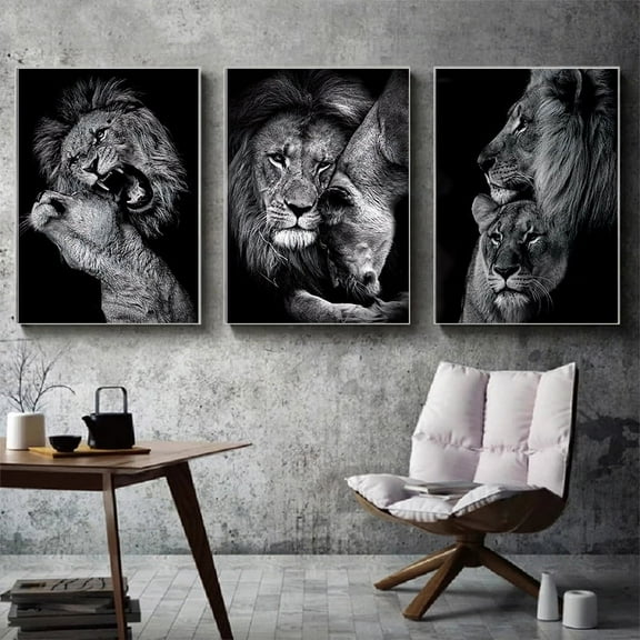 Three Frameless Canvas Posters, Modern Art, Animal Family Poster, Lion Family Poster, Ideal Gift for Bedroom Living Room Corridor, Wall Art, Wall Decoration, Winter Decoration, Room Decoration