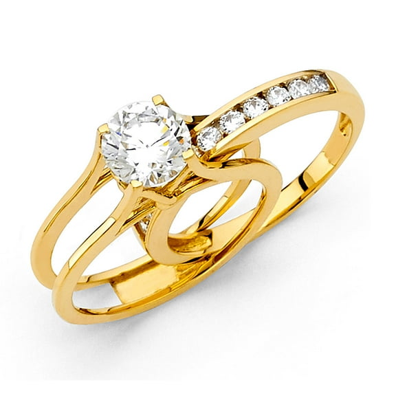 14k Yellow Gold Round Solitaire CZ Engagement Ring & Wedding Band Bridal Rings Set Side Stones Size 7