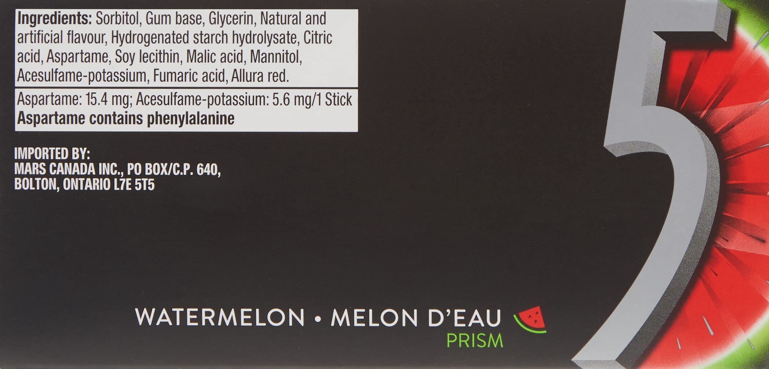 Wrigley 5 Prism Electric Watermelon Gum, 10ct x 15pcs, (Imported from Canada)