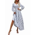 thumbnail image 2 of Women Floral Print V Neck A-Line Maxi Dress Long Sleeves Casual Wrap Autumn Beach Swing White L, 2 of 9