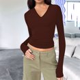 thumbnail image 4 of Trendy Long Sleeve Shirts for Women Fall Fashion V Neck Crop Slim Fitted Y2K Tops Outfits Clothes Dark Brown S, 4 of 5