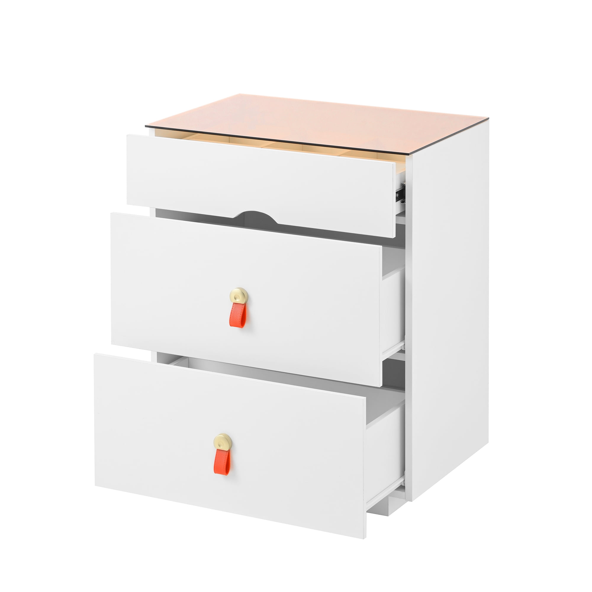 Aukfa 3 Drawer Dresser, Bedside Table Nightstand w/Glass Top Jewelry Storage LED Light for Cloakroom/Bedroom/Livingroom,White