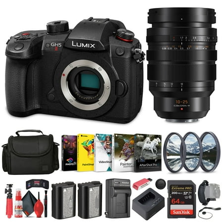 Panasonic Lumix GH5 II Mirrorless Camera (DC-GH5M2BODY) + Panasonic 10-25mm F/1.7 Lens + Filter Kit + Corel Photo Software + Bag + 64GB Card + Charger + Card Reader + DMW-BLF19 Battery + More