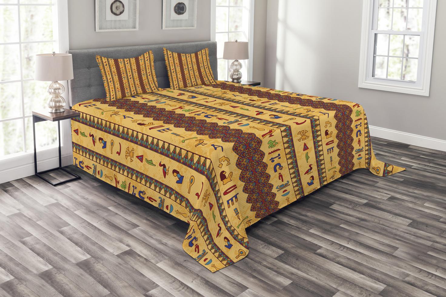 Egyptian Bedspread Set Queen Size, Ancient Hieroglyphs and Floral