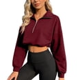 thumbnail image 2 of YMNXA Women's Cropped Sweatshirt Long Sleeve Half Zip Stand Collar Solid Color Comfortable Slim Fit Top For Casual Daily Wear,Red,S, 2 of 4