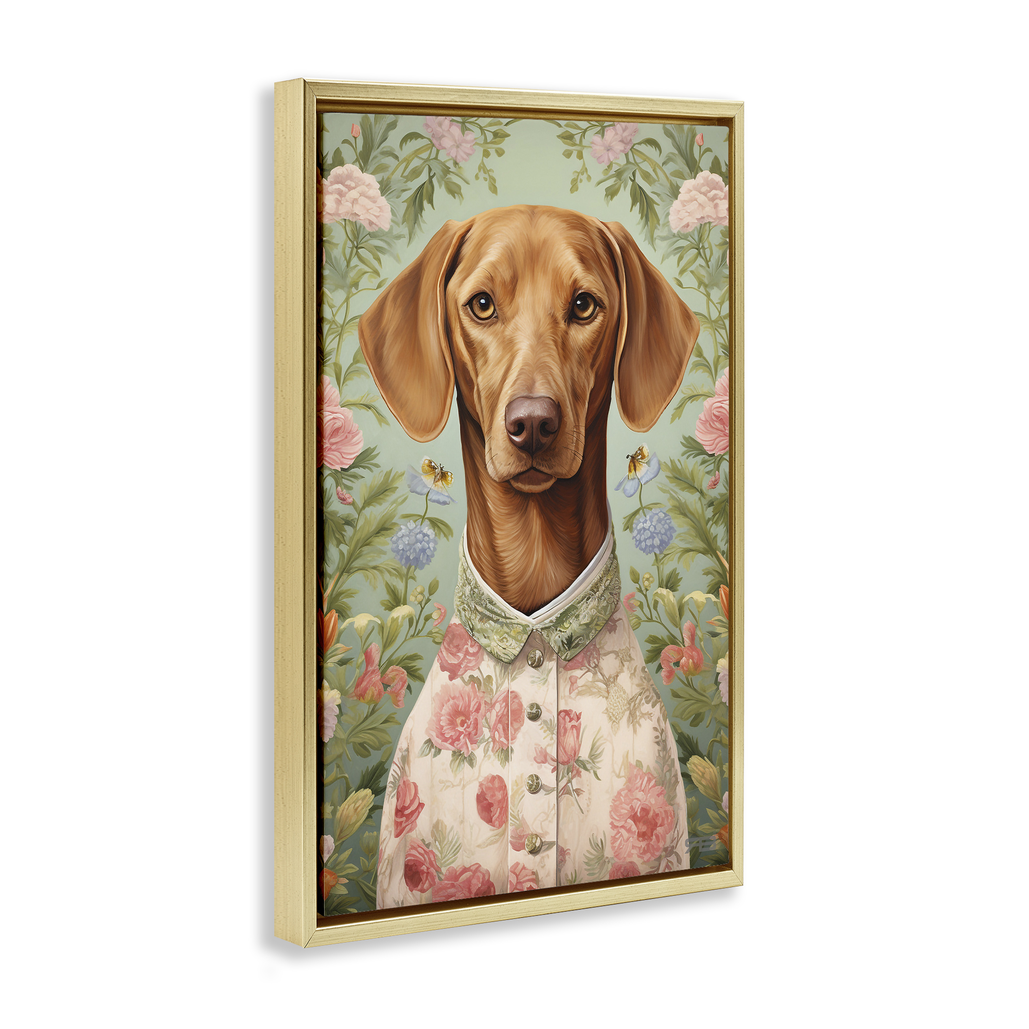 Stupell Industries Tropical Florals Dog Animals & Insects Painting Gold Floater Framed Canvas Art Print Wall Art, 21 x 31