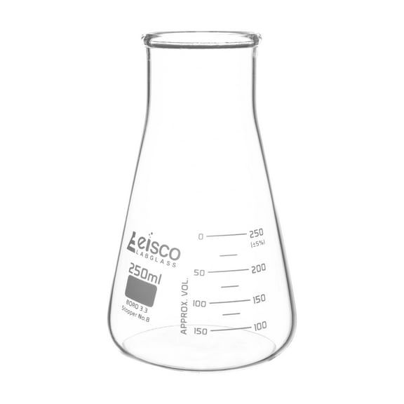 Erlenmeyer Flask, 250mL - Wide Neck - ASTM, Dual Graduated Scale - Borosilicate Glass - Wide Neck Flasks, Conical Flasks, Glass Flasks - Eisco Labs