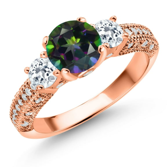 Gem Stone King 18K Rose Gold Plated Silver Green Mystic Topaz White Topaz and White Moissanite Engagement Ring for Women (2.04 Cttw, Gemstone, Round 7MM and 4MM, Size 8)