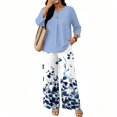 thumbnail image 6 of Tropical Floral Print Two Piece Set for Women, 3/4 Sleeve Button Down Top & Wide Leg Pants - Vacation Resort Wear Lounge Outfit with Straight Leg Trousers Blue XXXL, 6 of 7