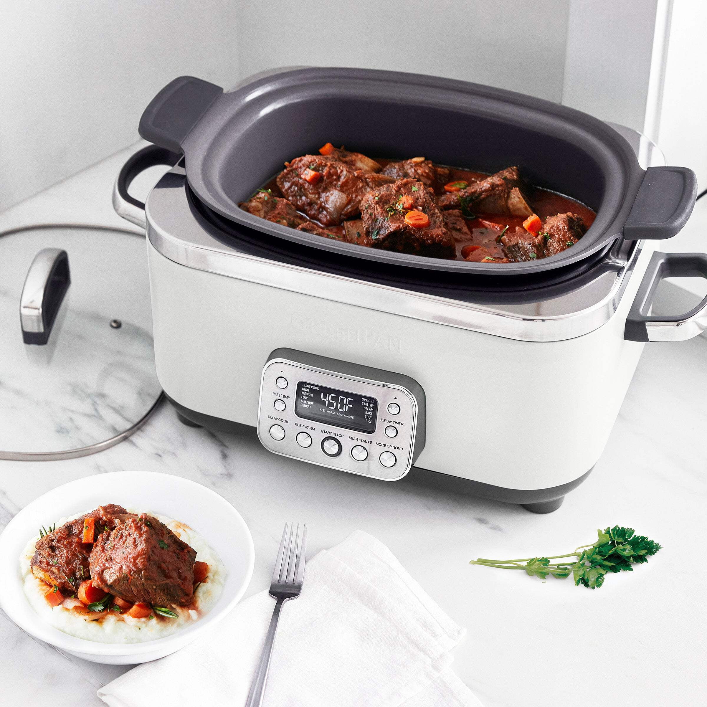 GreenPan 6-Quart, 14-in-1 Slow Cooker, Family Size, Ceramic Nonstick, Dishwasher Safe Parts, Cream