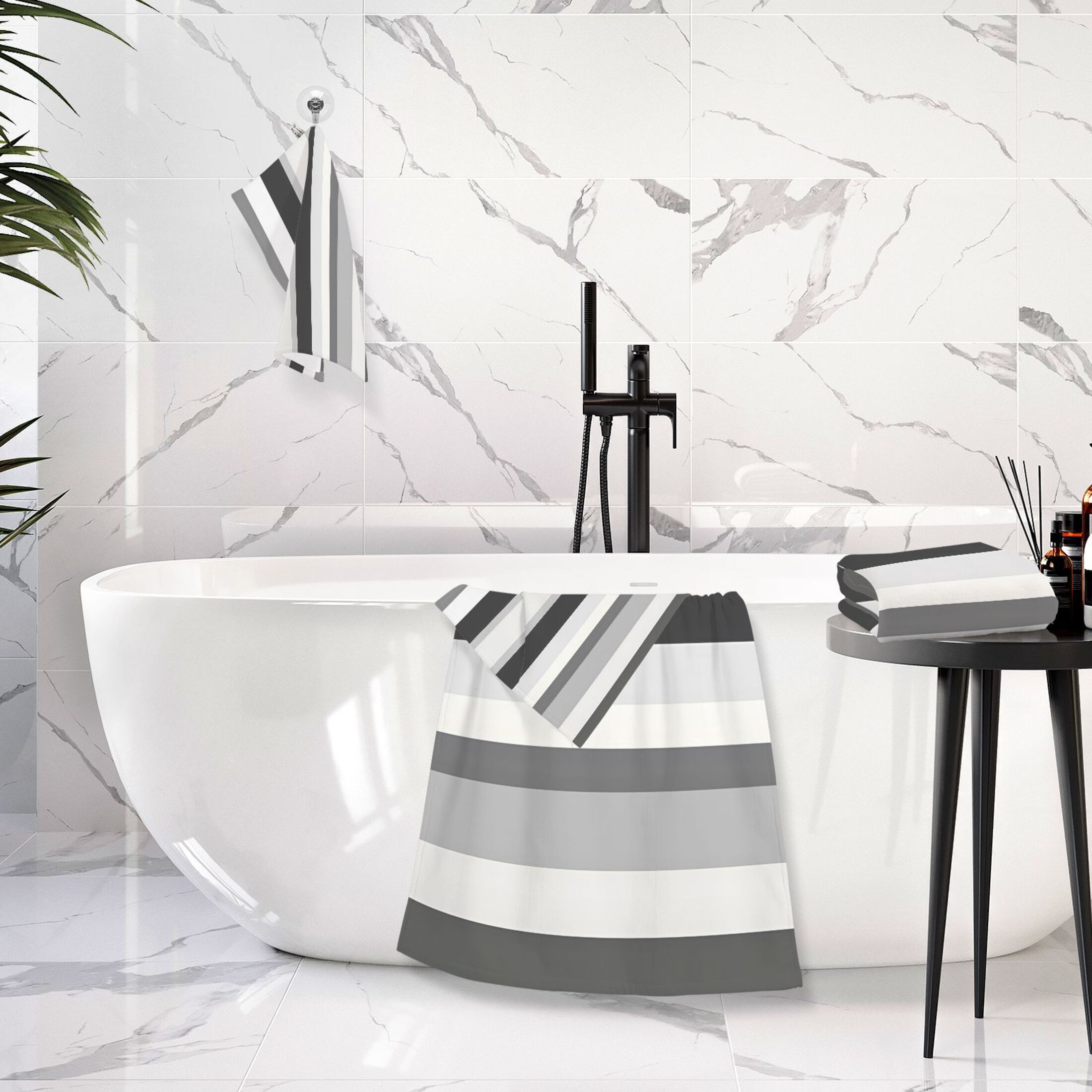 Black White and Gray Stripes 2 Piece Cotton Bath and Face Towel Set Soft and Absorbent, for Beach Pool Bathroom