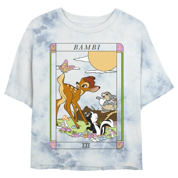 Junior's Bambi Tarot Card Butterfly Scene Graphic Crop T-Shirt White/Blue Small