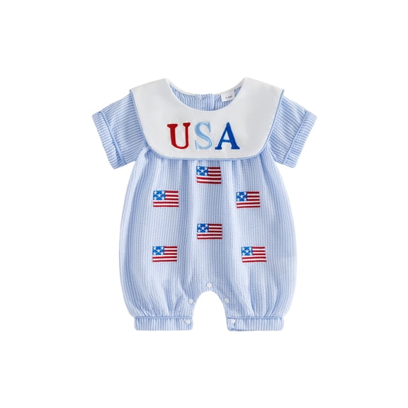 BemeyourBBs Newborn Baby Boy Girl 4th of July Outfit Patriot Independent Day Clothes Summer Bubble Romper Stripe Print America Flag Embroidery Short Sleeve Cape Collar Bodysuit Jumpsuit Playsuit