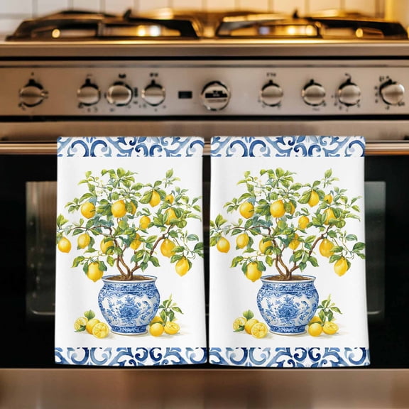 Summer Lemons Kitchen Towels Set of 3, Farmhouse Fruit Blue Geometric Watercolor Absorbent Dish Towels for Kitchen, Microfiber Hand Towel, Quick Drying Tea Towel for Cleaning Decorative Dishcloths