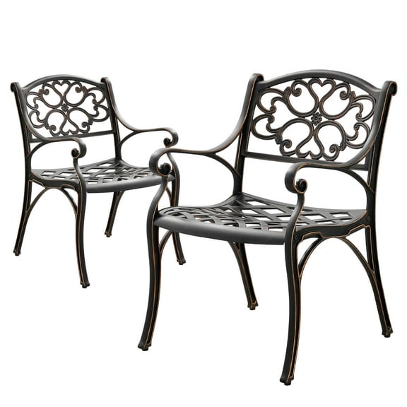 PATIO-IN Cast Aluminum Patio Chairs Set of 2 with Armrests,Metal Bistro Chairs Outdoor Patio Dining Chairs for Garden,Bronze