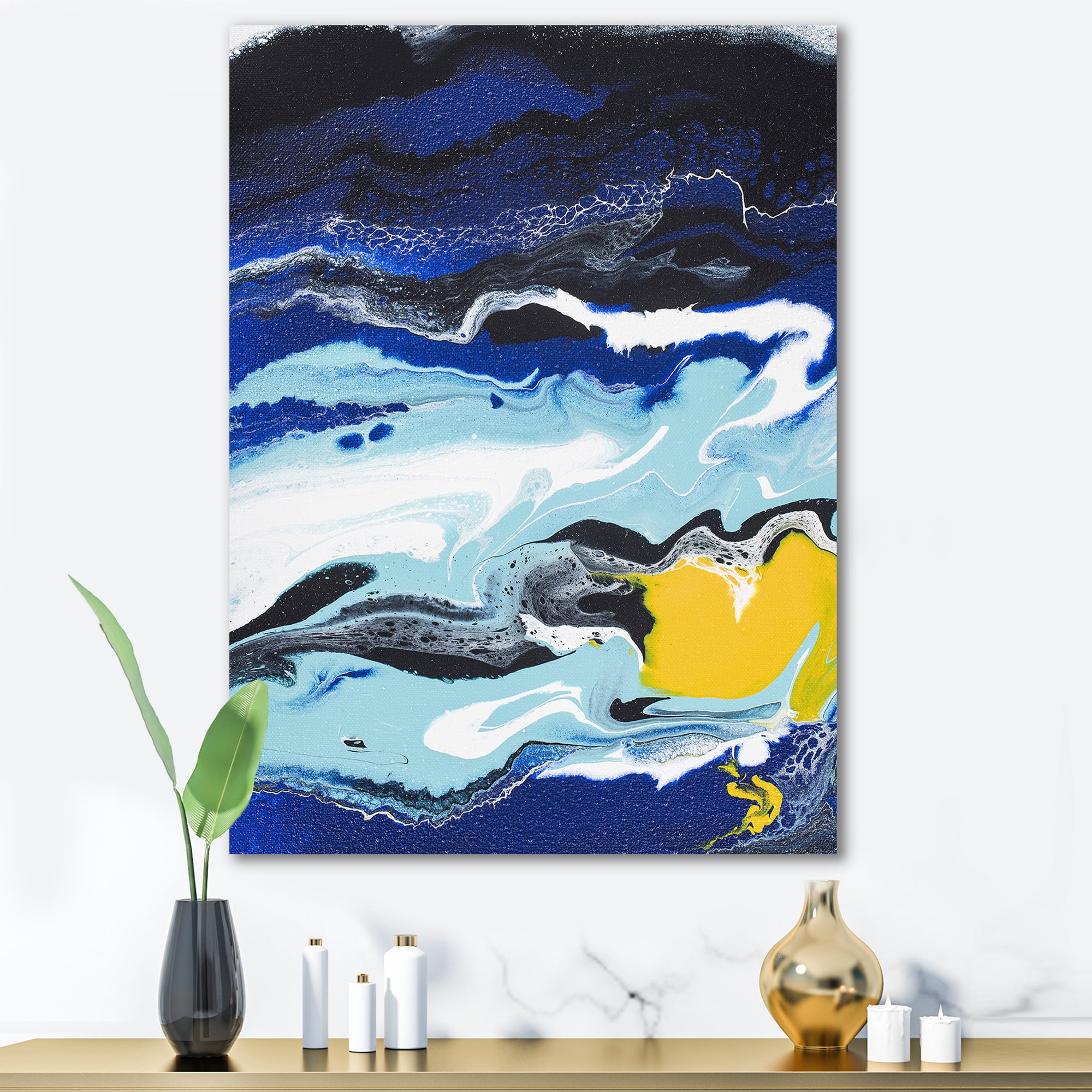 Designart ' Abstract Composition In Blue and Yellow VIII ' Modern Canvas Wall Art Print