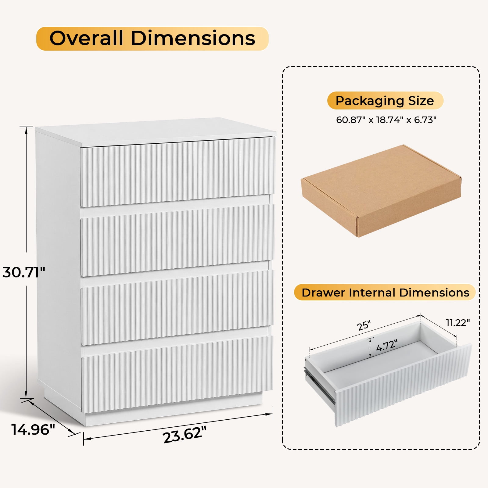 Handleless Grille-Finished 4-Drawer Bedside Table, P2 Particleboard + MDF & Melamine Veneer + Thermoformed Drawer Dresser 23.62*14.96*30.71in White