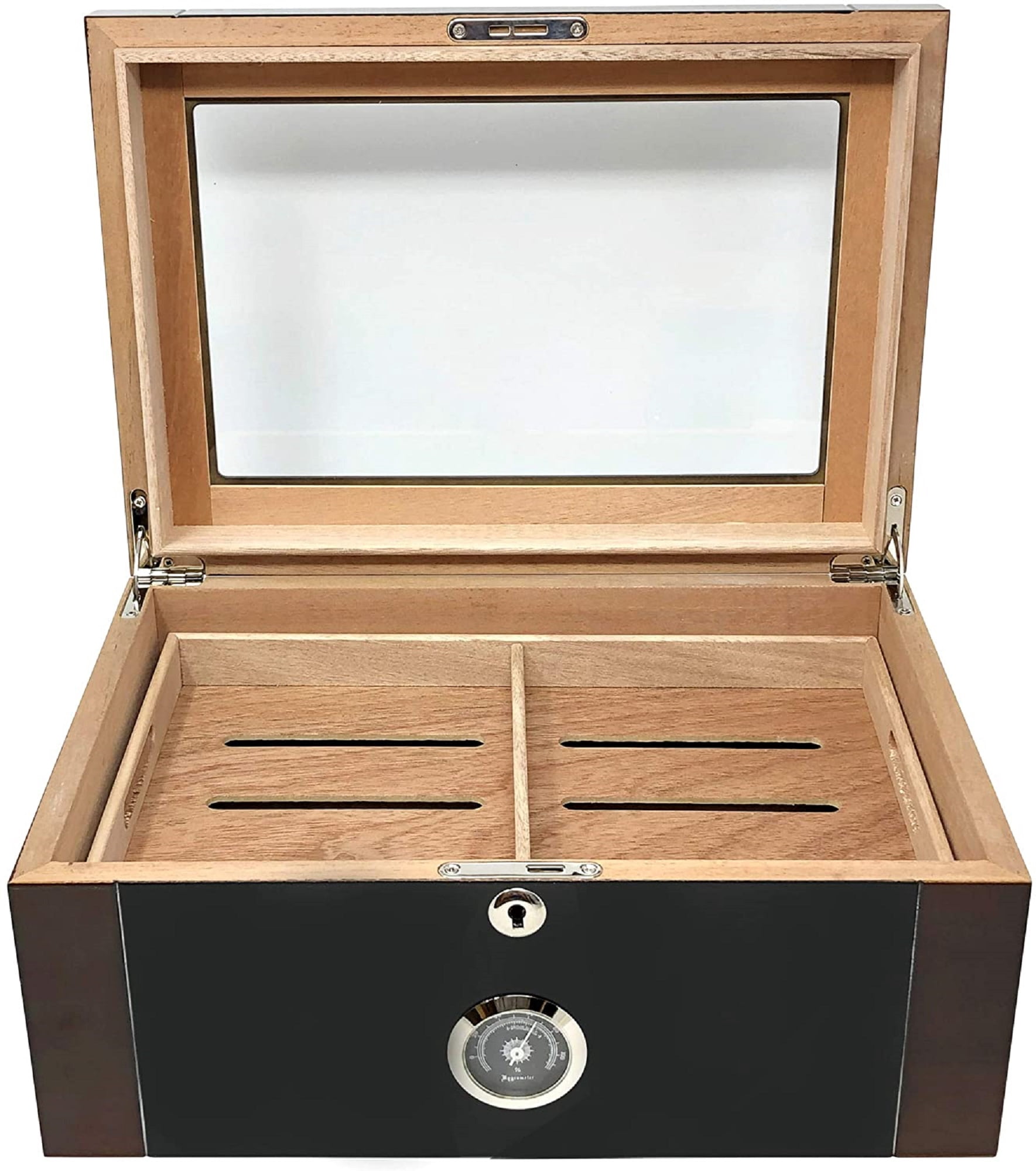 Berkeley 2 Glass Top Two-Tone Cigar Humidor w/External Hygrometer - Dark Mahogany & Black Lacquer Finish - Capacity: 100