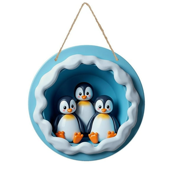 Rustic Round Wooden Wall Art Sign, 8" Decorative Home Decor, Vintage Cute Penguin Designs, Easy Hang, Gift-Ready for Christmas Living Room Bedroom Kitchen Office