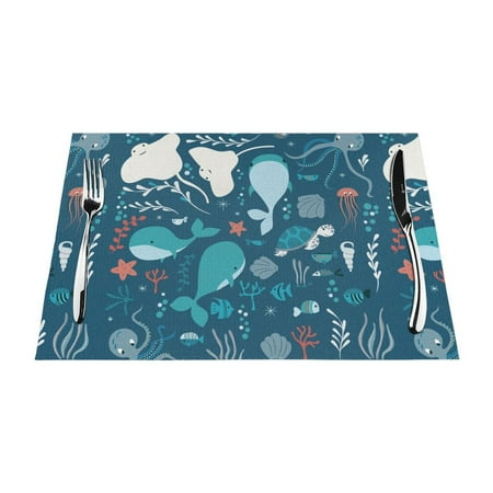 

PUREYAH Table Placemats Set of 6 PCS Washable Heat Resistant Sealife Fish Whale Table Decorations Placemats for Dining Room Kitchen
