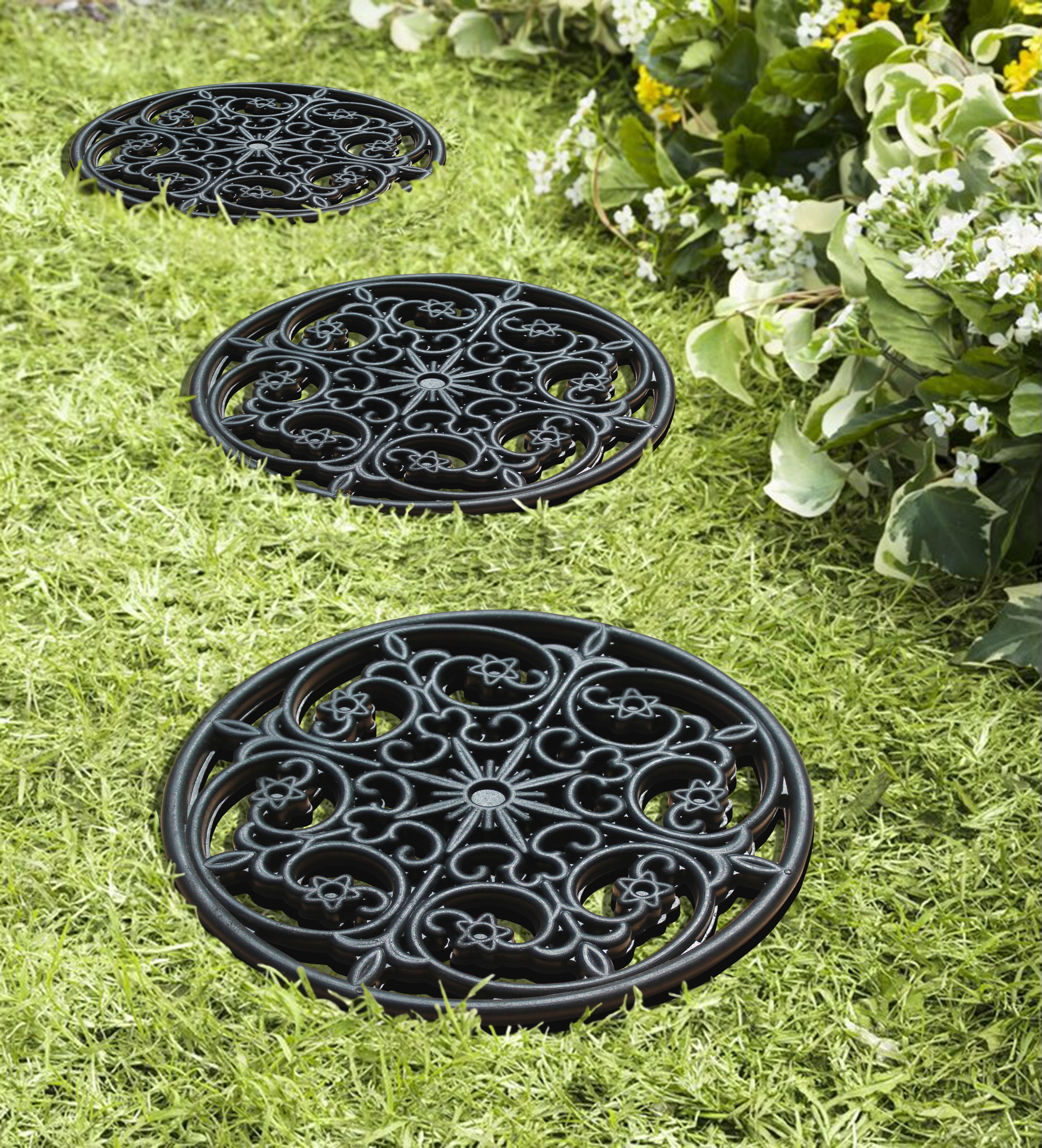A1 Home Collections Paisley Star Heavy-Duty Round Rubber Garden Stepping Stone Mats, 12"x12", Set of 4, Black