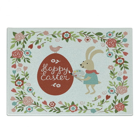 Easter Cutting Board, Pastel Happy Easter Lettering on Egg Cartoon Bunny Blossoming Floral Frame Print, Decorative Tempered Glass Cutting and Serving Board, in 3 Sizes, by Ambesonne