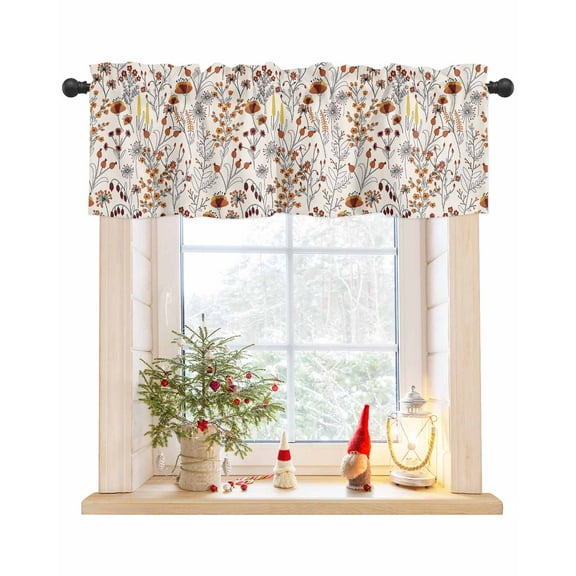 Orange Botanical Curtain Valance for Windows/Living Room/Kitchen/Bathroom/Café, Short Rod Pocket Tier Curtain Window Treatment Panel Fall Floral Vintage Pastoral Topper Curtain 60''x18''