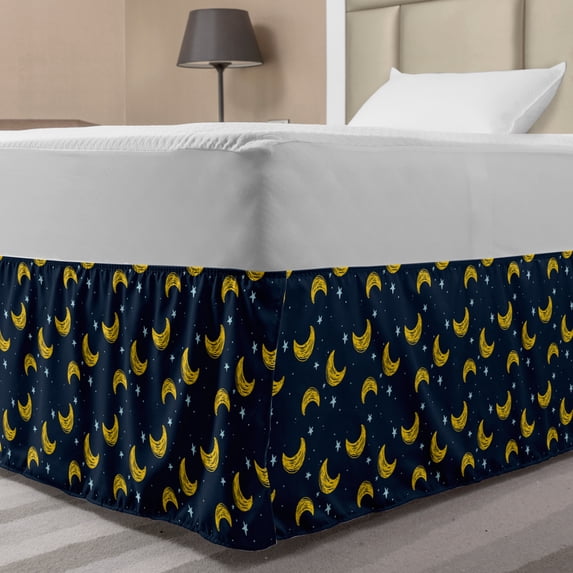 Magic Moon Bed Skirt, Simple Night Sky Composition of Stars and Crescents, Elastic Bedskirt Dust Ruffle Wrap Around for Bedding Decor, 4 Sizes, Blue Multicolor, by Ambesonne