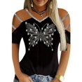 thumbnail image 4 of Camiseta con hombros descubiertos y diamantes de imitación, camiseta suelta informal con cuello en V para primavera y verano, ropa de mujer, 4 of 4