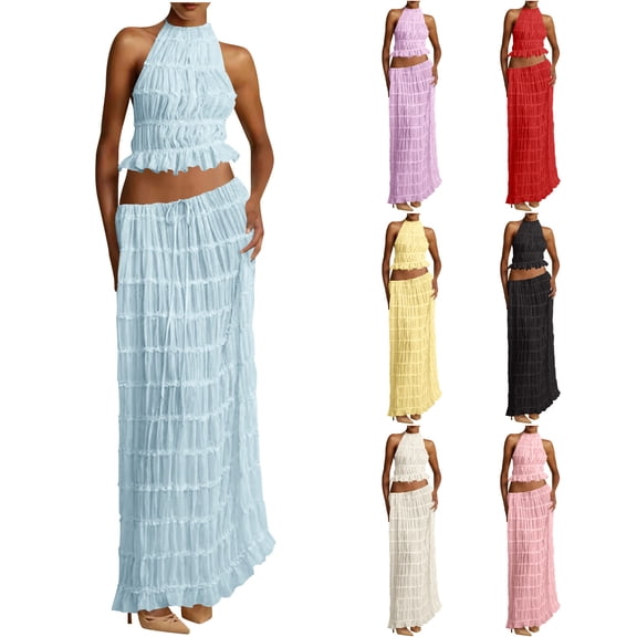 CHUMUD Dressy Skirt Sets for Women 2 Piece Outfits Summer Matching Set Sleeveless Halter Crop Tank Top Drawstring Maxi Skirts Casual Ruffle Evening Party Set