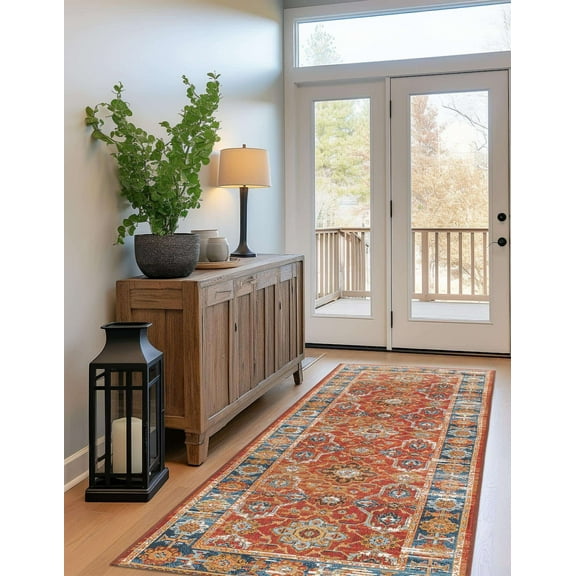 Unique Loom Outdoor Traditional Collection Area Rug - Era (2' 7" x 12' Runner Antique Red/Blue)