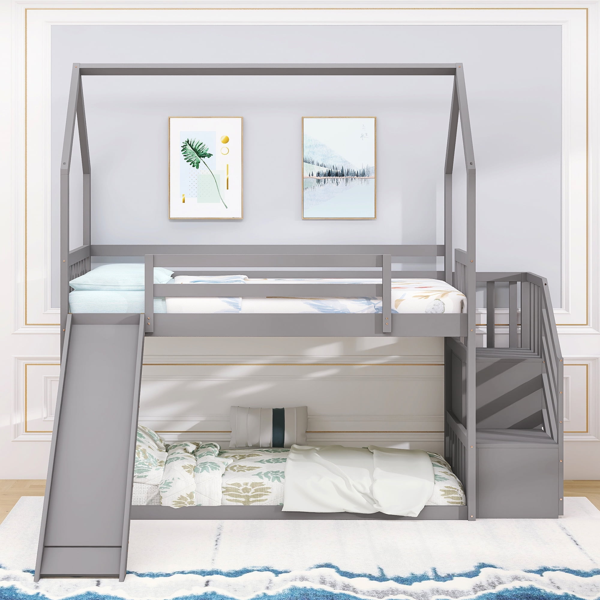 EUROCO Twin House Bunk Bed with Staircase for Kids Teens Bedroom, Solid Wood Bunk Bed with Storage, Gray