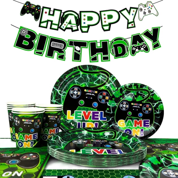 Video Game Party Supplies,66pcs Video Game Party Tableware Set - Video Game Plates and Napkins,Cups Table Cloth&Gamer Birthday Decorations Banner etc Gaming Birthday Party Supplies for Boys Kids