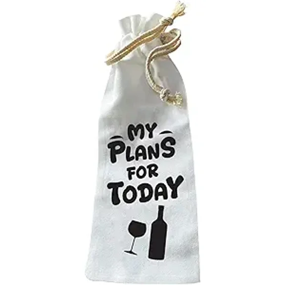 Jolitee “My Plans for Today” Wine Bottle Gift Bag – Reusable Drawstring Canvas Bag with Simple Text-Based Humor – Funny Host Gift for Lazy Days or Wine Nights In