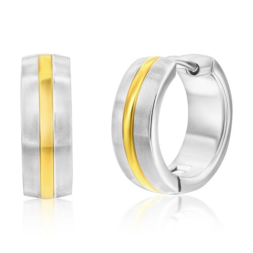 Men's Two Tone Stainless Steel 15mm Lined Matte and Polished Huggie Hoop Earrings