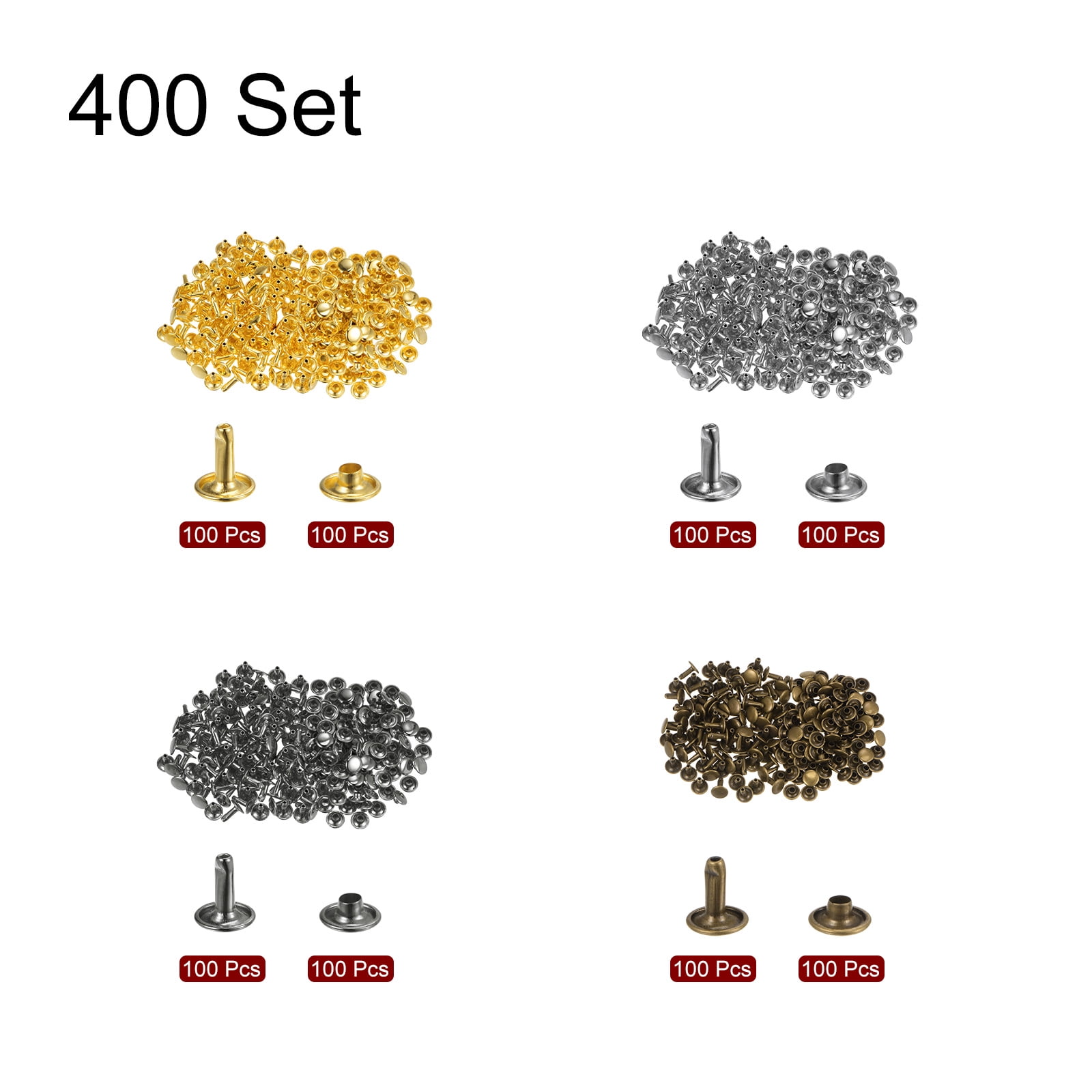 400 Sets Leather Rivets 10 x 9mm Metal with 3 Setter Tools, 4 Colors