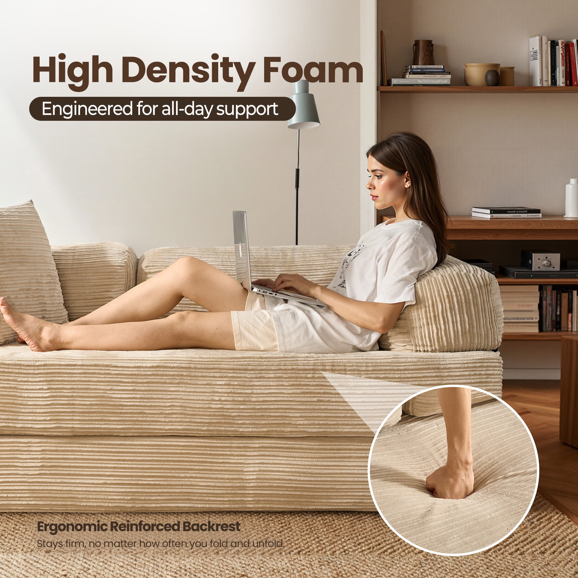 Toject 81" Convertible Sleeper Sofa Bed, Cloud Corduroy Floor Couch with Pillow, Comfy Foldable Couch Sofa Bed for Living Room, Bedroom, Beige