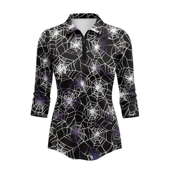 Jiueut Spider Web Purple Womens 3/4 Sleeve Golf Shirts, Quarter Zip Soft Women's Golf Polo Shirts Breathable Women's 3/4 Sleeve Golf Top, Size X-Large
